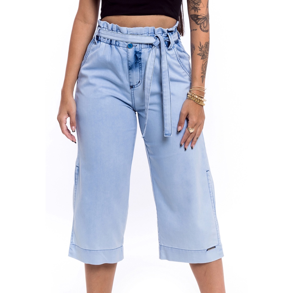 Bermuda Calça Pantacourt Jeans Molinho com Elastico na Cintura