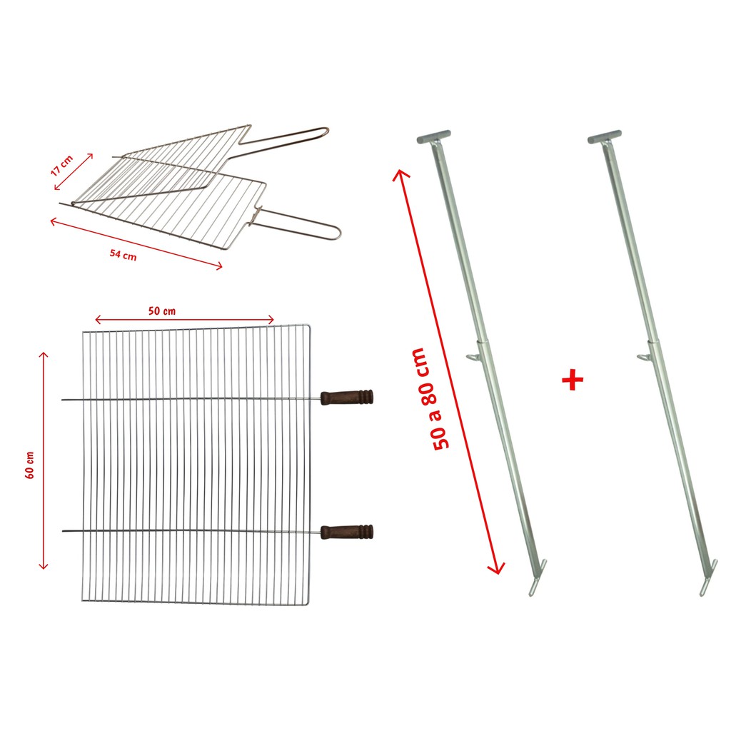 Kit Churrasqueira Grelha Grande + Grelha Dupla Reta Pequena + Suporte Extensor Ajustável 5003/5101R/5500 DP