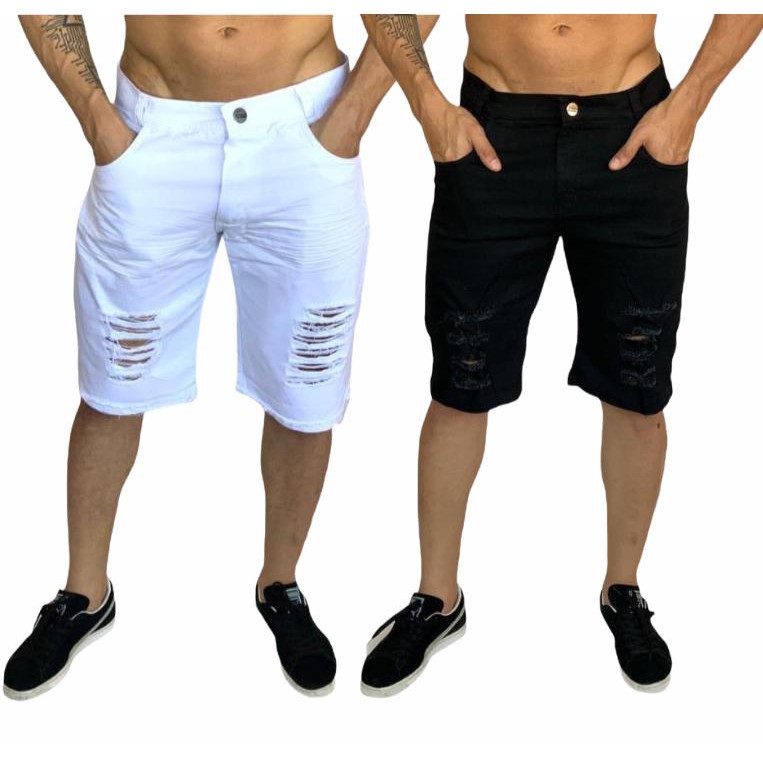 Bermuda Preta E Branca Jeans Masculina Rasgada Kit Com 2 Shopee Brasil