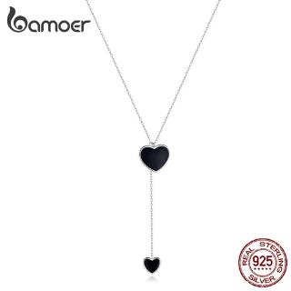 Colar De Coração Duplo Bamoer Para Mulheres Colares Simples De Corrente Em Y De Esmalte Preto 925 Femme Sterling Silver Jewelry