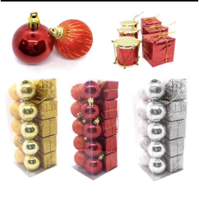 Kit Pendente Para Árvore  - 5 Bolinhas Lisa (4cm) - 5 Bolinhas Decoradas (4cm) - 5 Caixinhas De Presente (4cm) - 5 Tambor (4cm)