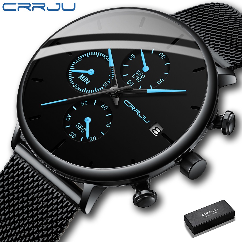 Mens Relógios CRRJU Luxo Sport Original Data Auto Cinta De Malha De Aço Inoxidável Casual Quartzo 2268 em Oferta na Shopee