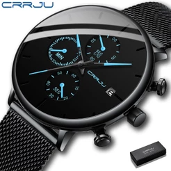 Mens Relógios CRRJU Luxo Sport Original Data Auto Cinta De Malha De Aço Inoxidável Casual Quartzo 2268