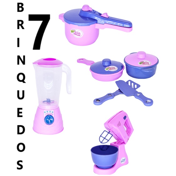 Kit Cozinha Infantil com 7 Brinquedos Liquidificador, Batedeira, 2 Panelinhas com tampa e acessórios sortido e Panela de pressão