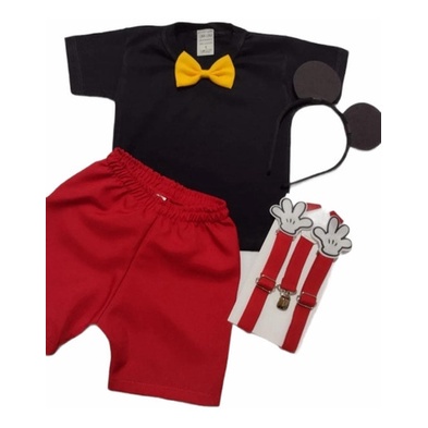 Conjunto Mickey + Suspensório + Bermuda Fantasia Aniversario