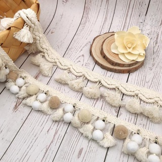 1Y Pom Trim Ball Wide 6CM Sewing Beige White Lace Fabric Beaded Acessórios Artesanais