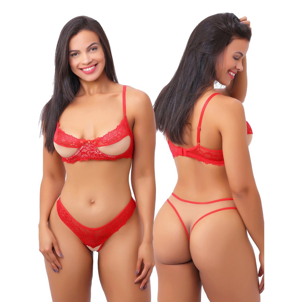 Ellolace Conjunto de Lingerie Sexy Renda Feminina Conjunto de Lingerie  Transparente Conjunto de 3 Peças Copa Baixa Lenceria Femenina Alça Feminina