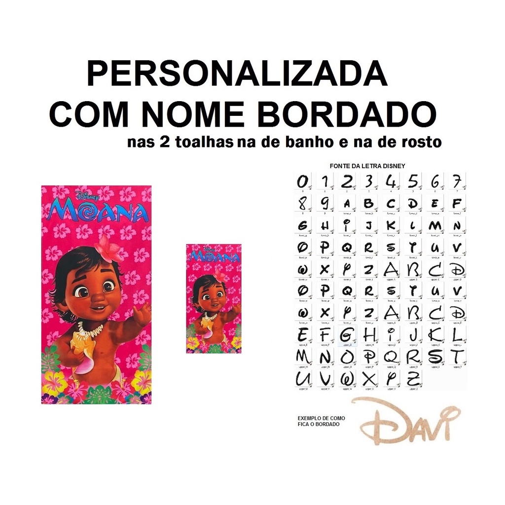 PERSONALIZADA NOME BORDADO kit 1 Toalha de Banho Infantil Moana Baby R + 1 Toalha de Rosto