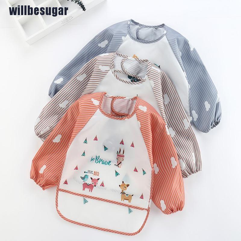 [Novo Baby Kids Toddler Manga Longa Impermeável Avental Bib Smock Alimentando Pocket
