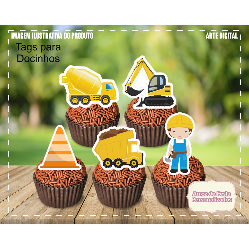 Tags Toppers para Doces Docinho Construção em Oferta na Shopee