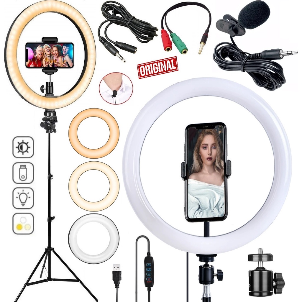 Kit Youtuber Tripé Profissional Celular Luz Flash Ring Light Iluminador Led Microfone Lapela Cabo Extensor Gravar Vídeo