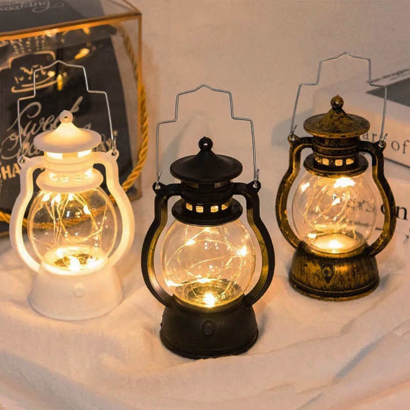 Retro Estilo Portátil Luz Noturna Lâmpada Querosene/Bateria Operado Ferro Preto Cesta Da Mesa