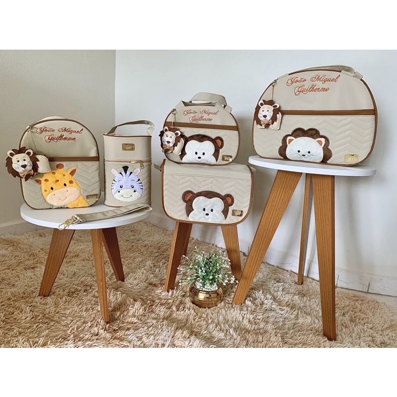 Kit Bolsa Maternidade Personalizado 5 Peças com Aplicação Luxo Meia Lua Safari | Tiara Baby