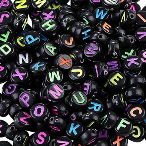 10 Peças de Miçanga Infantil Alfabeto A - M Preto Letra Colorido Neon Entremeio 7mm Furo Passante Para Pulseira