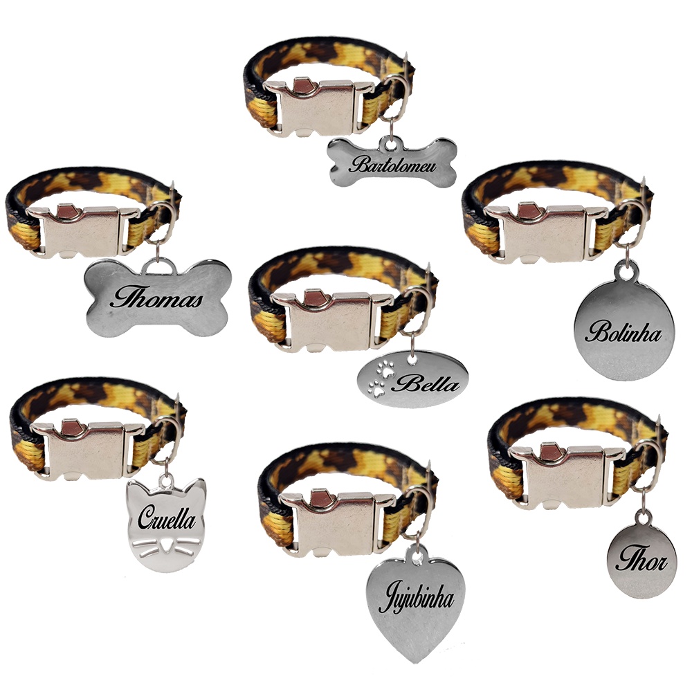 Coleira Personalizada Cachorro Gato Identificação Fecho Nome Telefone Gravado Laser Camuflada Bege Metais Níquel Luxo