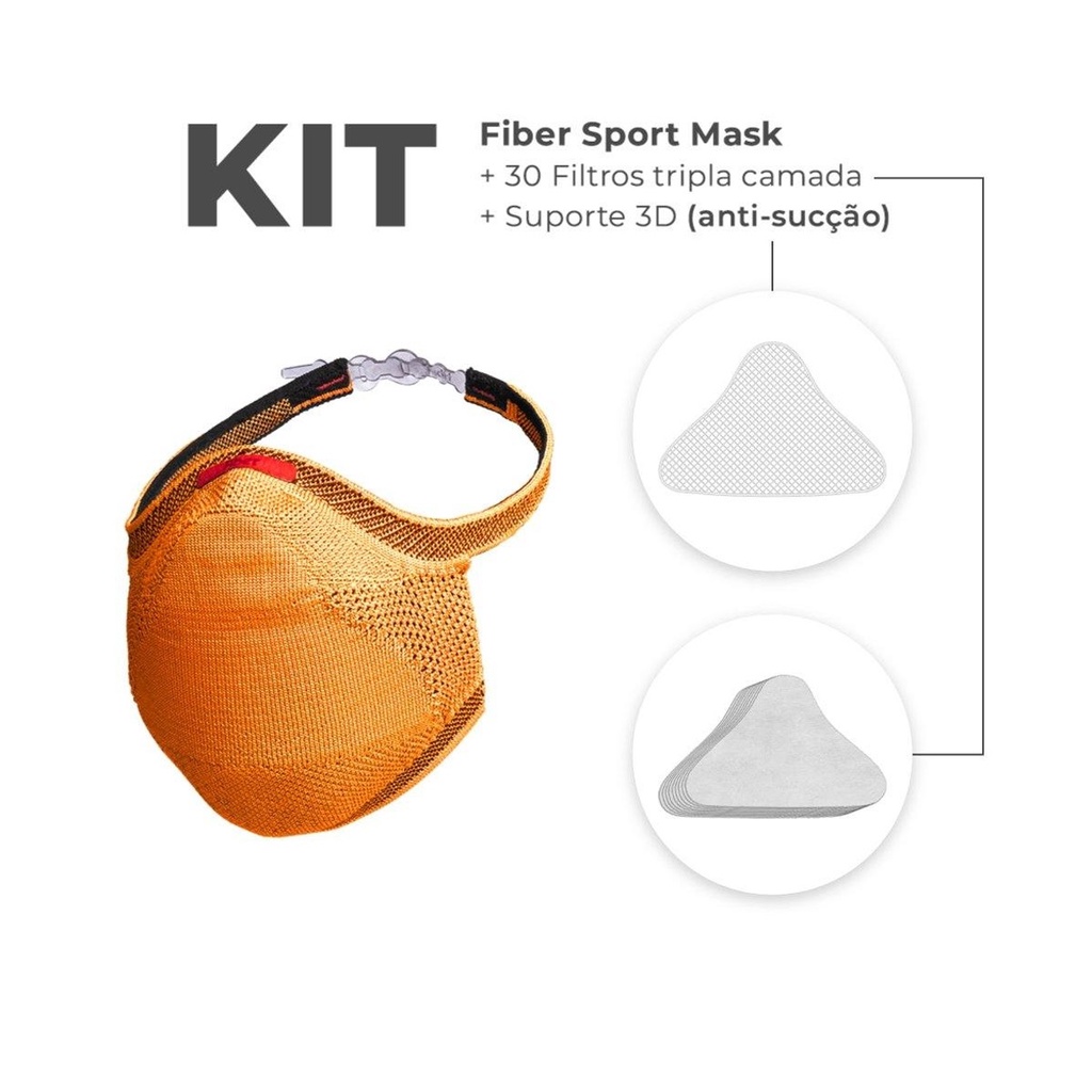 Kit Máscara Fiber Knit Sport + 30 Filtros Proteção + Suporte - Laranja