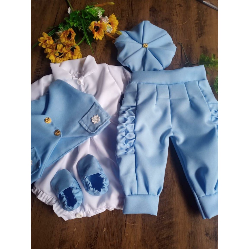 Pilcha de gaúcho infantil azul bebê-> bombacha, colete, boina, lenço, alpagarta e body -> Saída de Maternidade