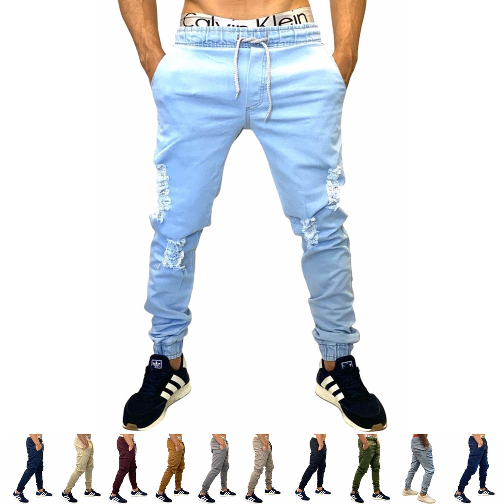 Calça Jogger Masculina - Cores Básicas e Camufladas - Lisas e Rasgadas - Rasgada Jeans Claro