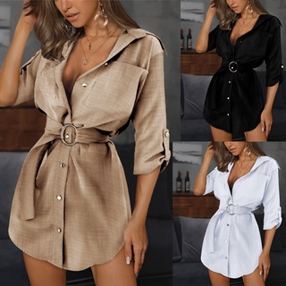 Vestido Feminino De Outono Camisa De Algodão Lapela Pescoço Com Botões Lado Irregular Mini Estilo Carreira Senhora Vestidos