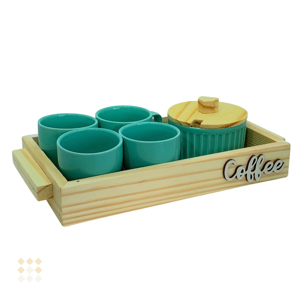 Jogo 4 Xícara Verde Café Porcelana + Açucareiro com Bandeja Coffee Cantinho Do Caffe