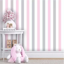 Papel De Parede Listrado, Infantil em Tons De Rosa, Branco E Cinza