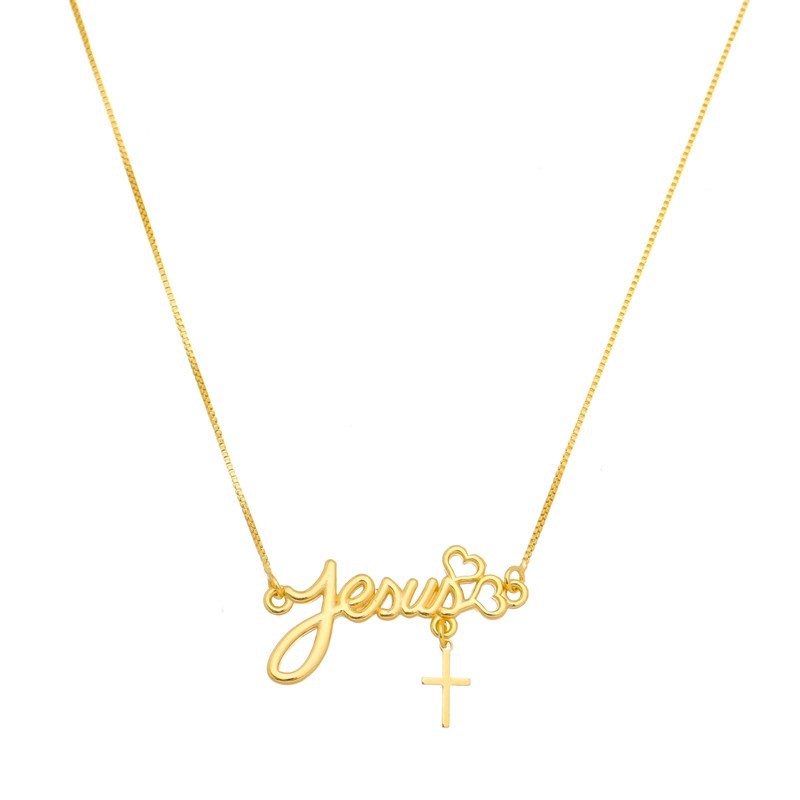 Colar Semijoia Cordão de Ouro Banhado Corrente Não é Bijuteria Colares Femininos Gargantilha Garantia Colar Jesus Com Cruz e Coração
