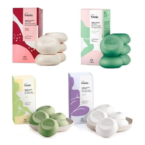 Caixa de sabonete com 5 unidades 90g cada, Natura todo dia Escolha a fragrância.