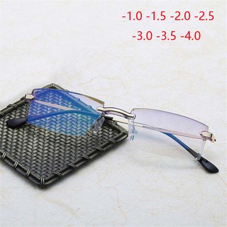 - 1-1.5-2 - 2.5-3 - 3.5-4.0 Óculos De Miopia Masculino Luxuoso Diamante Estilo Cutado Sem Aro Anti Claro Azul