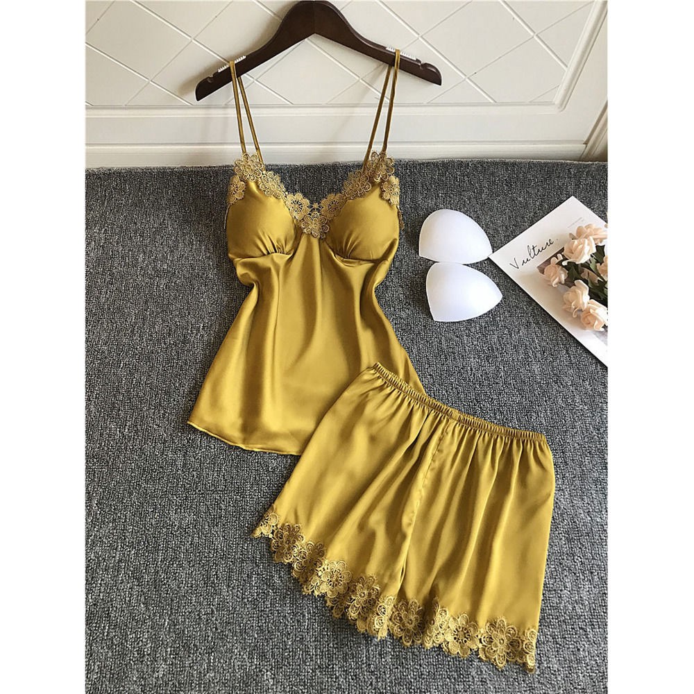 Conjunto De Pijama Camisola Feminina Sexy Com Gola V De Seda Fria Com Bojo De Duas Peças em Oferta na Shopee