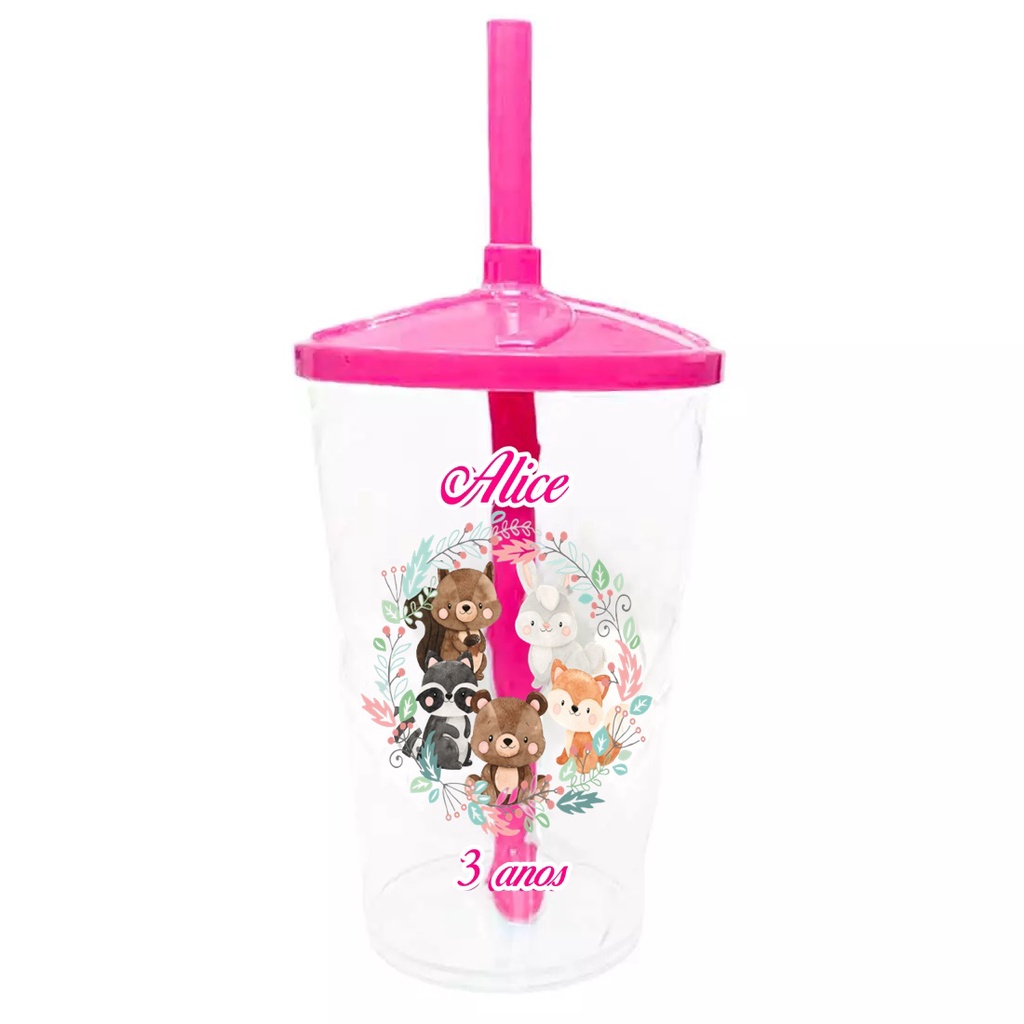 30 Copos Twister Shake Personalizado 400ml C/Tampa e Canudo Lembrancinha Bosque Encantado