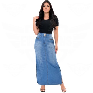 Saia Longa Jeans com elastano e abertura lateral - EWF - (Tam 36 ao 52) - Azul Claro