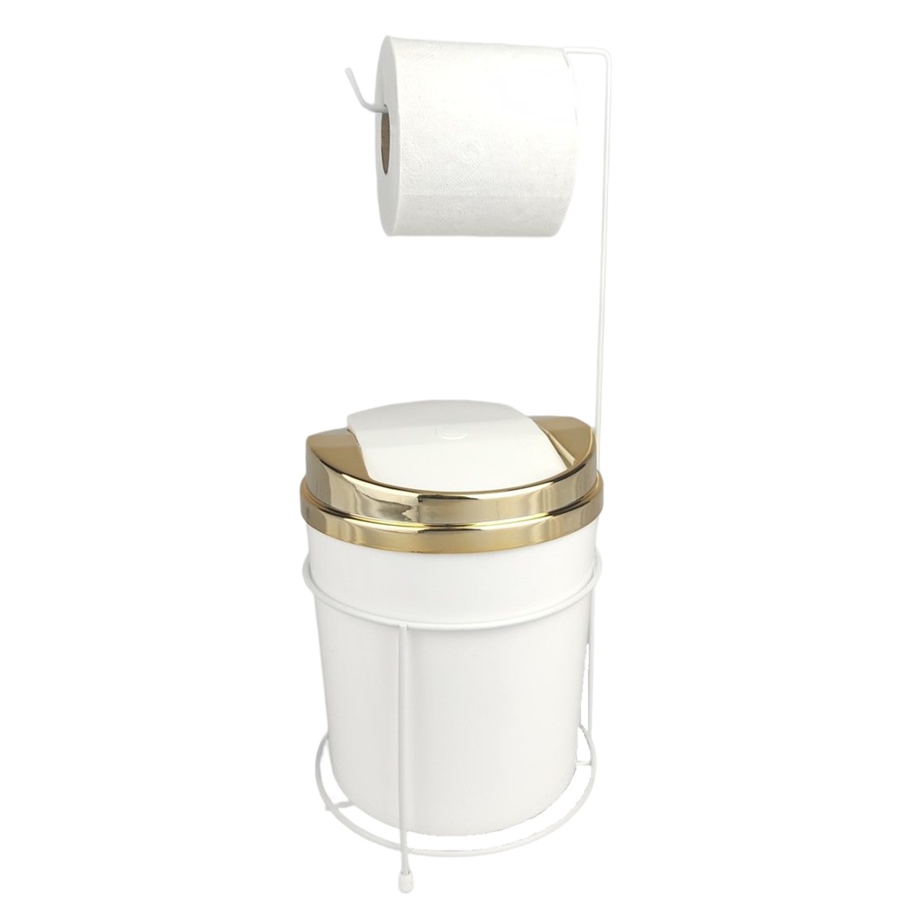 Kit Suporte Porta Papel Higiênico Lixeira 5L Cesto Lixo Tampa Basculante Banheiro Branco Dourado AMZ