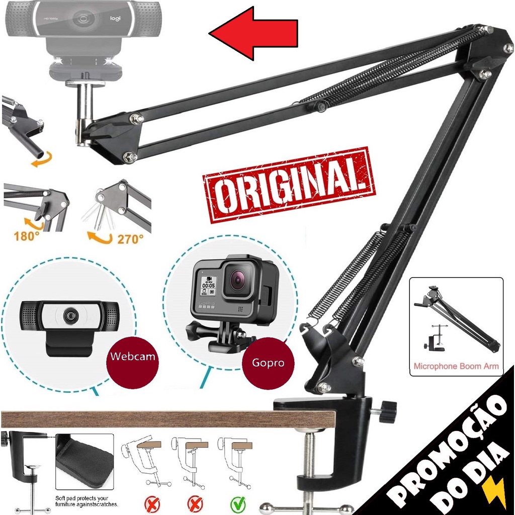 Braço Articulado de Mesa Suporte Para Webcam Câmera Vídeo Iluminação 1/4 Conferência Lives Escritório Youtuber Streaming
