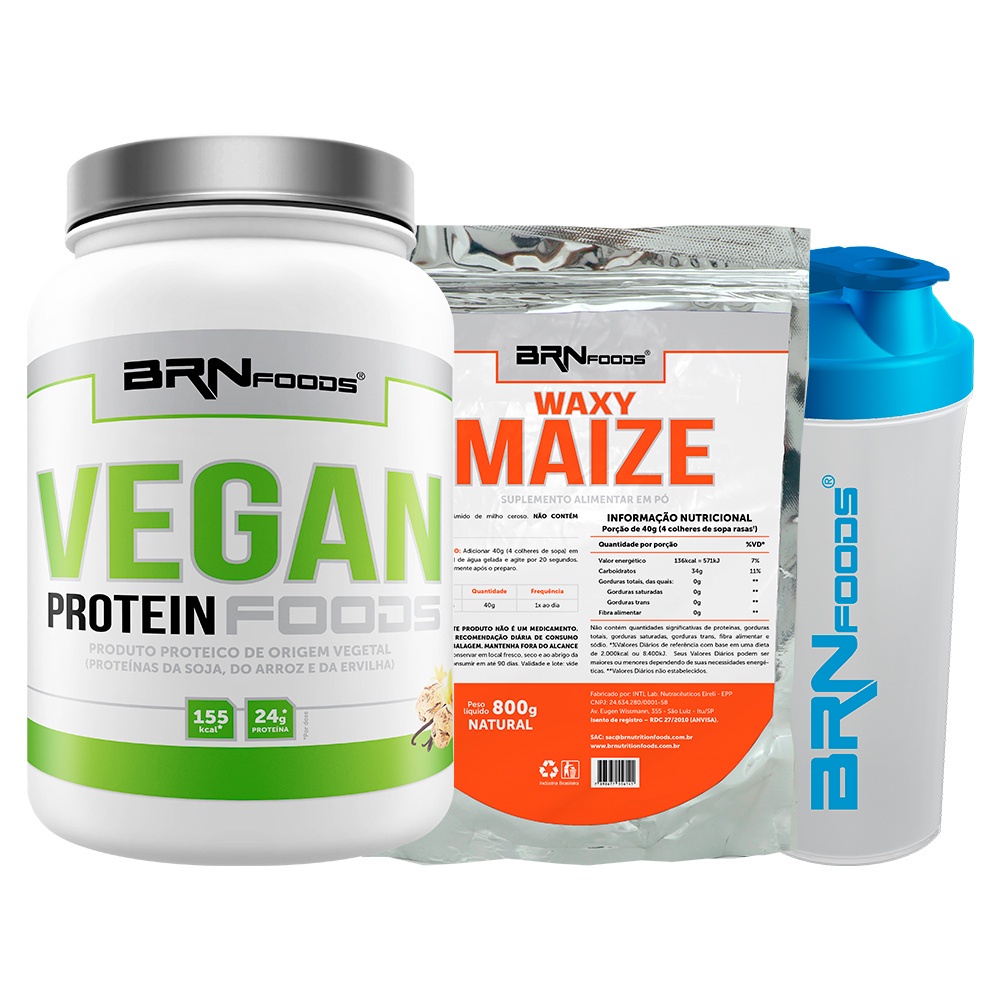 Kit Proteína Vegana Vegan Protein 500g + Waxy Maize 800g + Coqueteleira - BRN FOODS Kit para veganos e vegetarianos