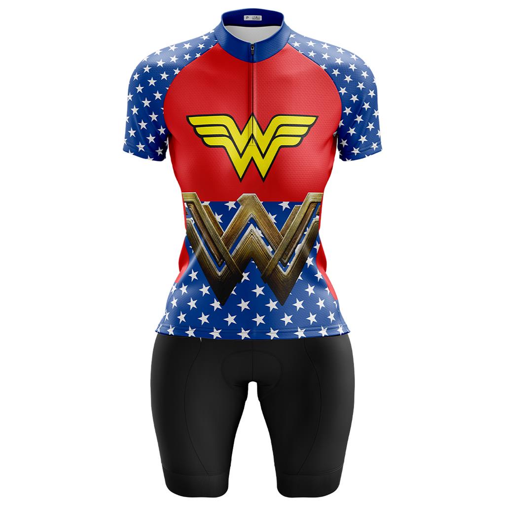 Conjunto Ciclismo Bermuda e Camisa Feminino Mulher Maravilha Com Bolsos