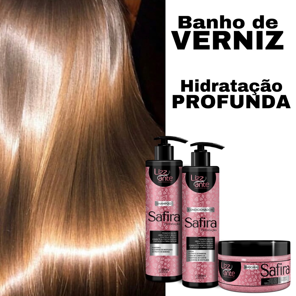 Kit Safira 300ml Lizz ante - Hidratação Profunda - Combate Frizz e Pontas Duplas - Maciez - Leveza - Emoliencia - Fios Ressecados - Cabelo Macio - Fortalece Fibra Capilar - Babosa - Cera Candelila - Manteiga Karite - Ureia