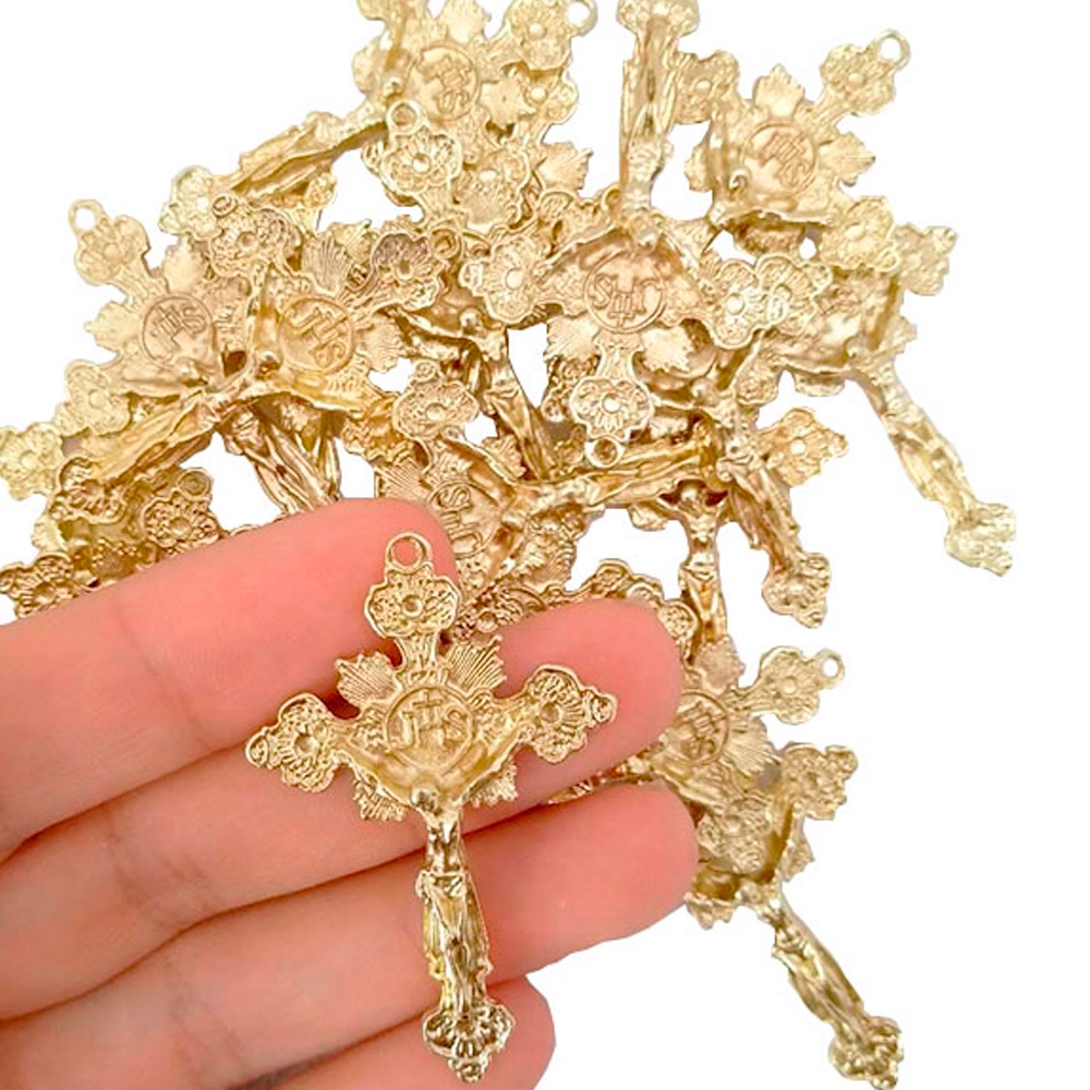 10 Crucifixo para Terço com Hóstia em Zamac Dourado - Cruz para Terço - Terço Católico