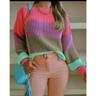 Blusa Tricot Com Manga Longa Colorida Listrada Moda Blogueira Inverno 2023