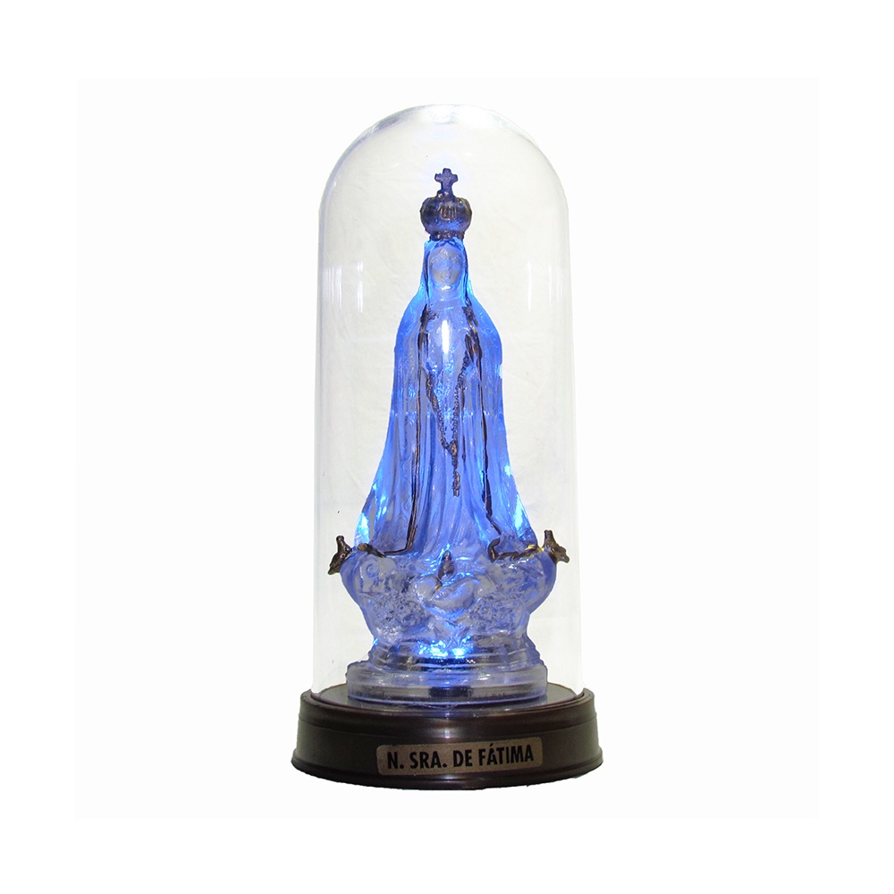 Luminária Imagem Nossa Senhora De Fátima Rosário Redoma e Luzes de LED Azul