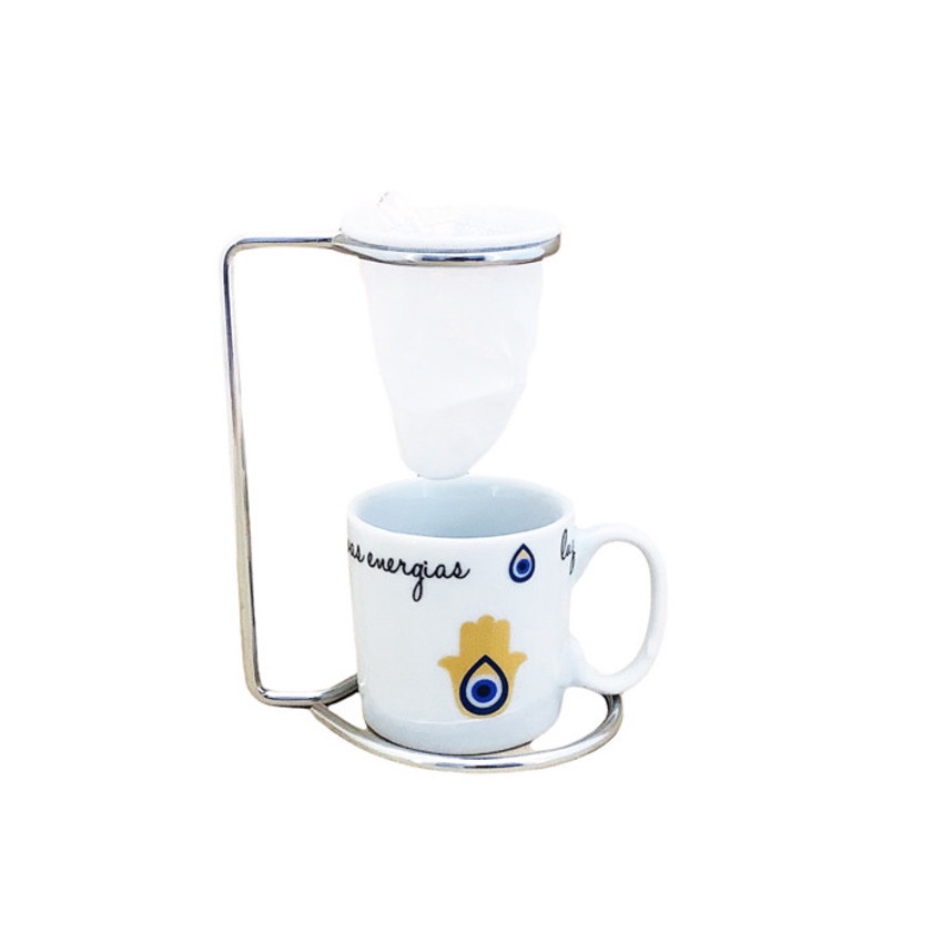 Kit Caneca Cerâmica Olho Grego 100ml Suporte Aço Inox Coador Pano Individual Conjunto