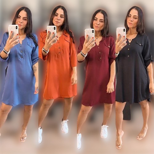 Vestido Chemise Feminino 100% Viscose Manga 3/4 Moda Outono Inverno - Envio Imediato em Oferta na Shopee