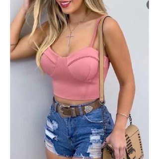 Cropped Blusinha Feminina Alcinha Bojo Neoprene Meia Taça Retrô Juliette