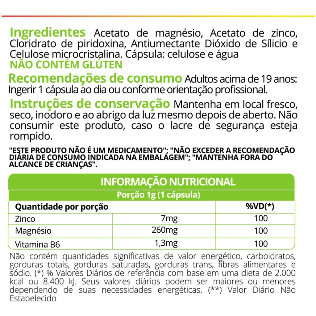 ZMA 60 Capsulas WVegan Zinco Magnésio Saude