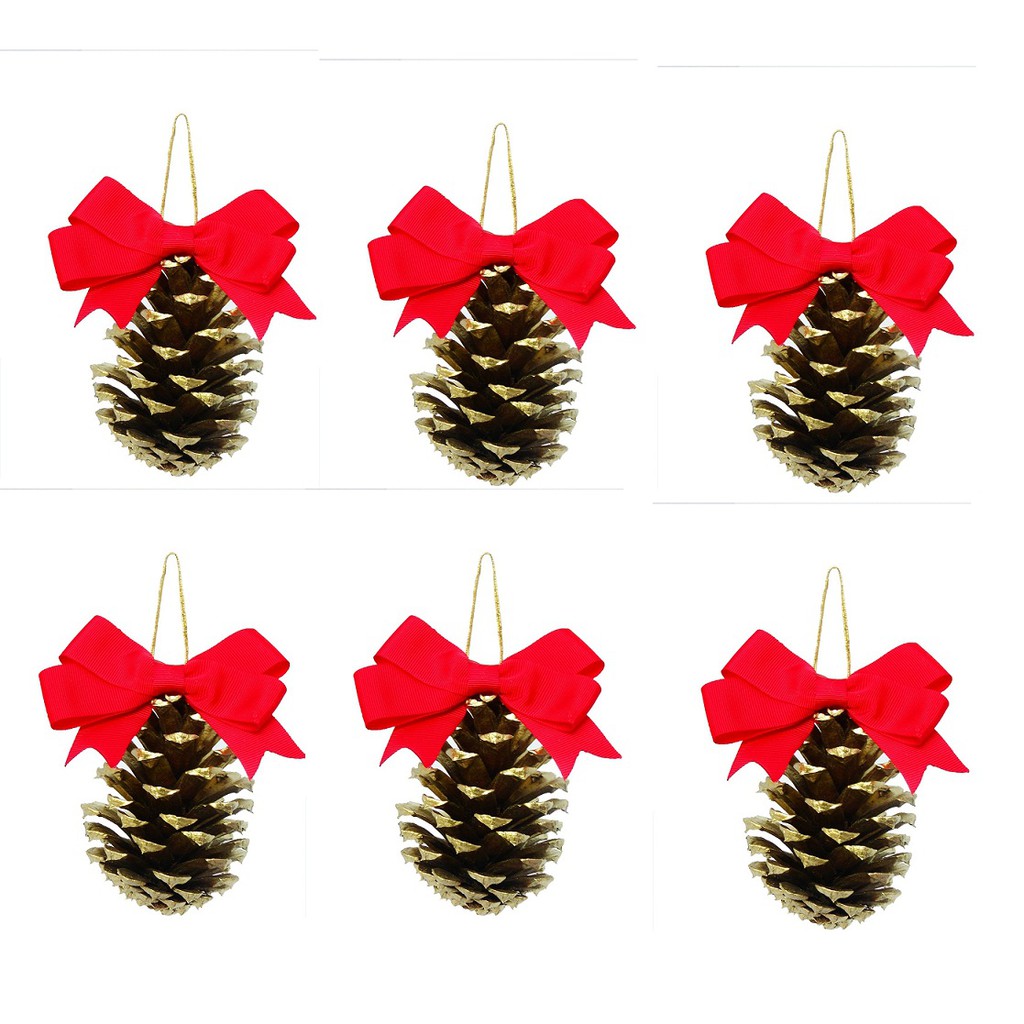 6 Pinhas Douradas Naturais Com Laço Vermelho Enfeite Para Árvore de Natal |  Shopee Brasil