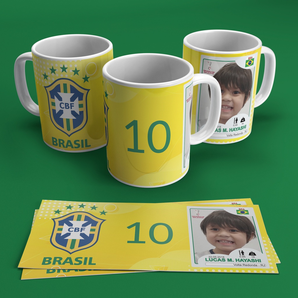 Caneca Branca Personalizada - Figurinha Copa do Mundo 2022 Qatar - Seleção Brasileira / Brasil