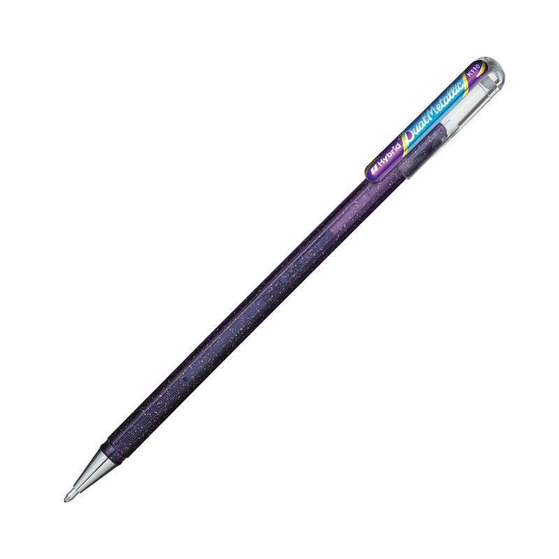 CANETA GEL HYBRID DUAL 1.0MM METALLIC PENTEL. A combinação da tinta pigmentada com glitter e com a tinta corante que geram ricas cores metálicas brilhantes que mudam de tonalidade em diferentes ângulos.