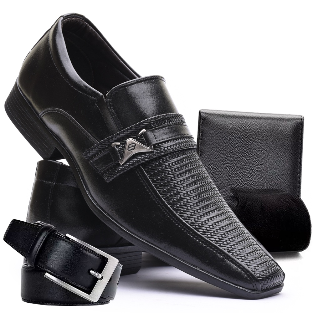 Kit Sapato Masculino Esporte Fino + Carteira + Cinto + Meia Preto 70092 Casamento Formatura Trabalho