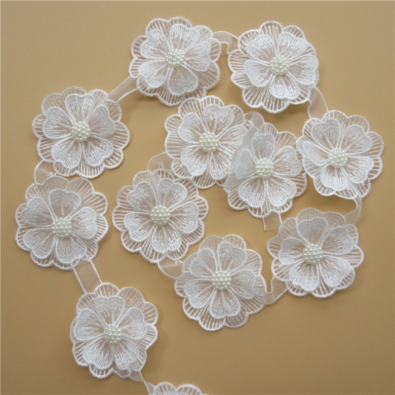 10 Pcs Branco Pérola Flor Handmade Frisado Bordado Guarnição Do Laço De Fita Dupla Em Camadas Applique Vestido DIY