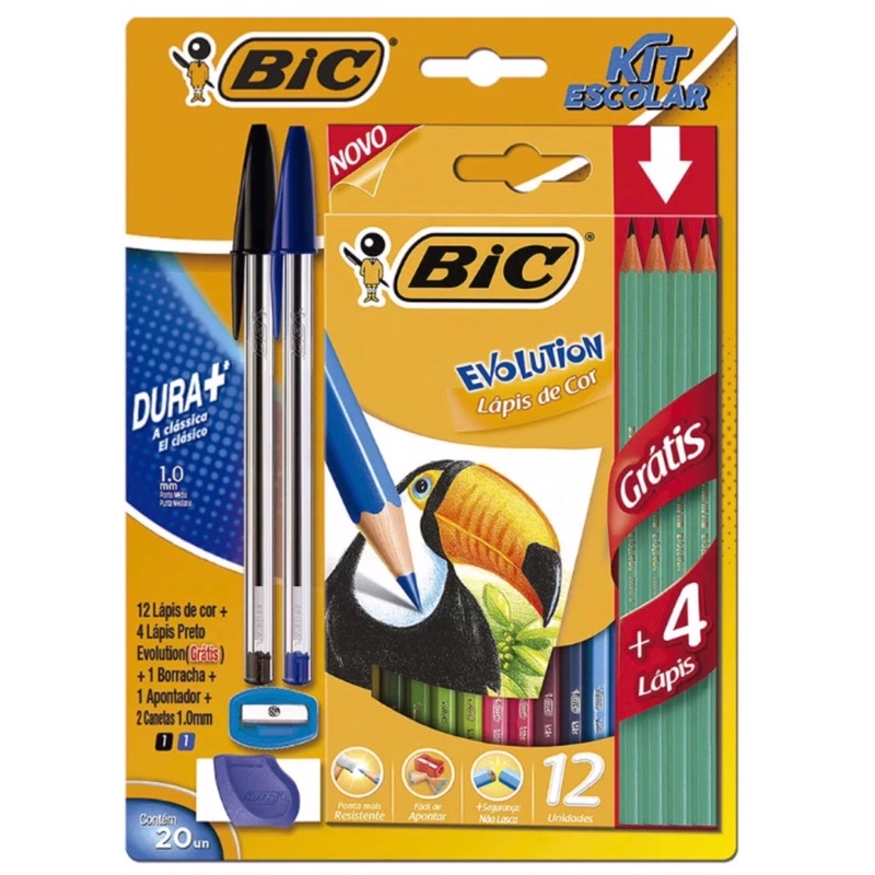 Kit escolar volta as aulas com 2 Canetas BIC Azul e preta + Lápis de Cor BIC Evolution 12 Cores + 1 Apontador + 1 Borracha + 4 lápis