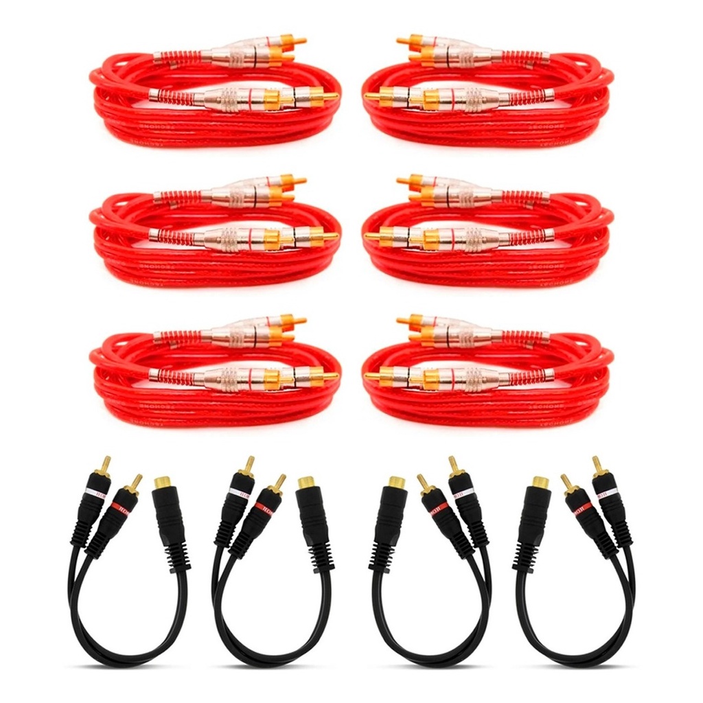 Kit 6 Rca 1 Metro Vermelho + 4 Cabos Y 2 Machos 1 Fêmea em Oferta na Shopee